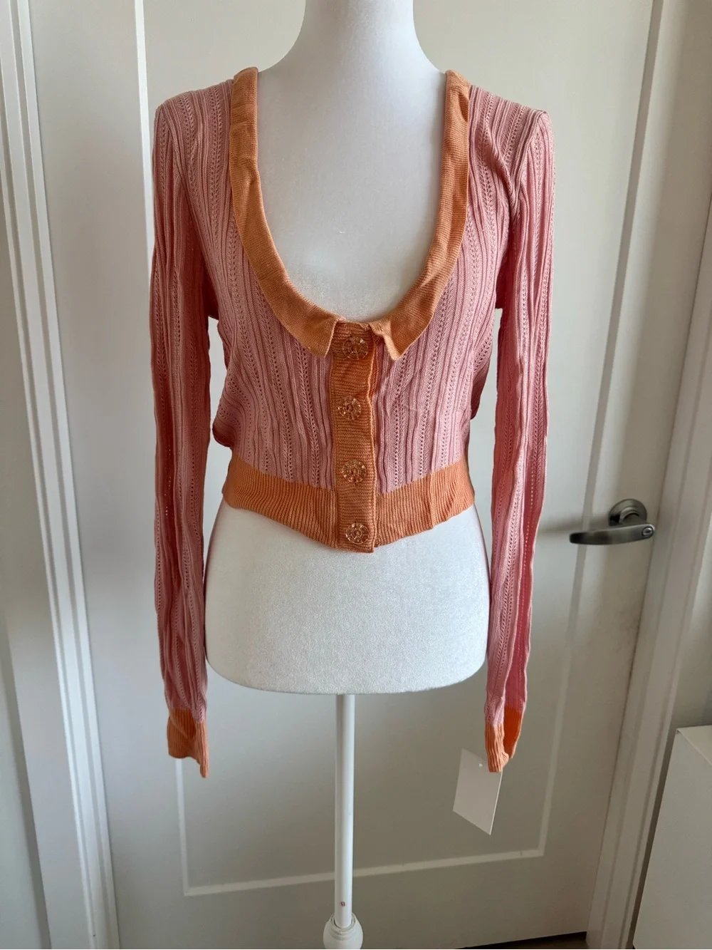 For Love and Lemons- Women's Two-Tone Pink & Orange Knit Button-Front Top